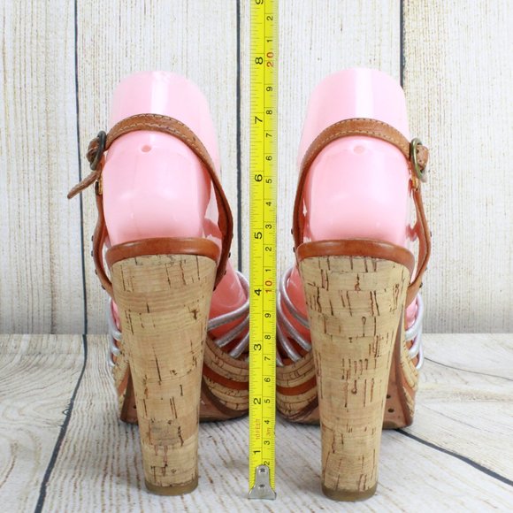 Frye Lena White Leather Strappy Sling Back Cork Platform Heeled Sandals 7 M - Picture 8 of 9